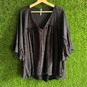 Free People Distressed Eyelet Linen Blend Oversized Top Blouse